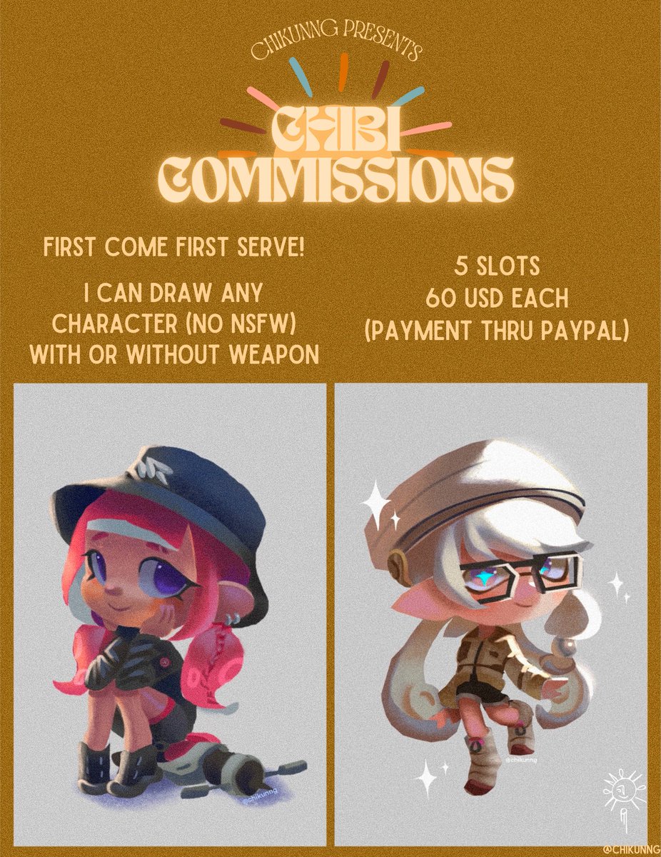 Hi loves ❤️

I currently have my commissions open
⭐️ 5 slots only
⭐️ First come first serve!
⭐️ Reposts are highly appreciated! 🥺

☀️You can DM me here or on my Discord <a href="/Chikunng/">Chikunng</a> 

#splatooncommissions #splatoonart #splatoonartists #splatoon