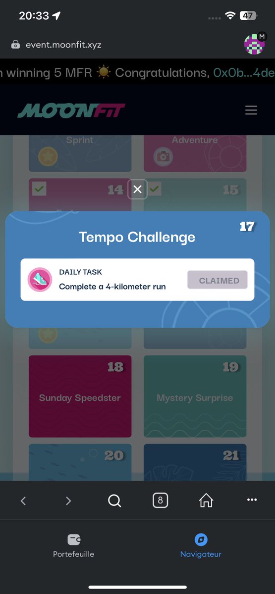 batmat86's tweet photo. Jour 10 réalisé avec succès 👍 #fitsnap @MoonFitOfficial 
Pour rappel, challenge en cours jusqu’au 1er juillet, donc il n’est pas trop tard pour venir gagner des récompenses. 
Si besoin d’un code de parrainage : BATMAT86
#referral #NFT #Web3 #GameFi #MFG $GLMR https://t.co/CdsP6bVNfQ