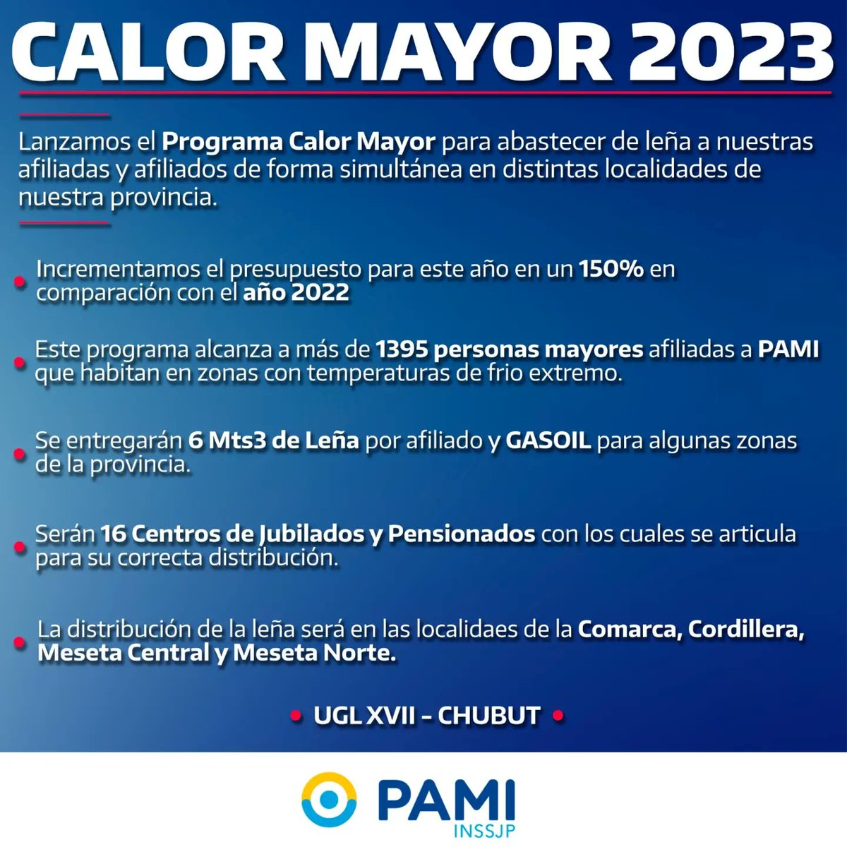 mevadurzo's tweet photo. 🔸️El Programa Calor Mayor tendrá un incremento del 150% en el presupuesto y llegará a más de 1395 afiliadas y afiliados.
👉 En un invierno muy fuerte y complicado #PAMI se hace presente en cada rincón de la provincia.
#PamiPresente #PamiChubut #ProgramaCalorMayor https://t.co/7O7H6aU0q5
