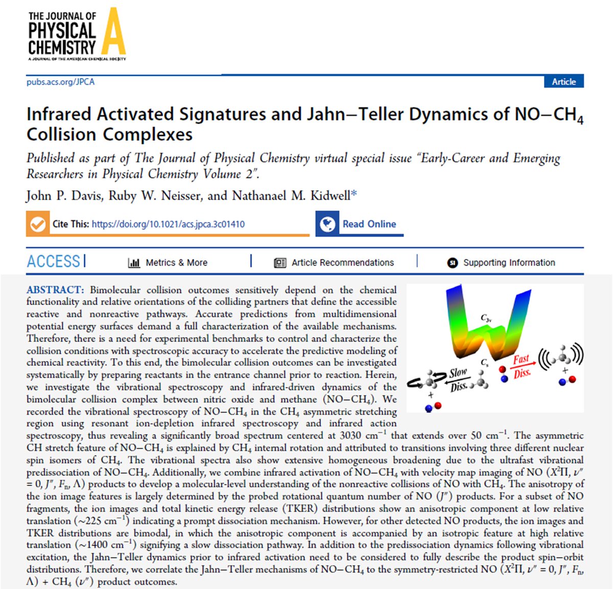 Our latest work is published in <a href="/JPhysChem/">The Journal of Physical Chemistry</a> as part of the Early-Career and Emerging Researchers Virtual Special Issue! We study the Jahn-Teller and vibrational predissociation dynamics of the NO-CH4 collision complex using infrared spectroscopy and velocity map imaging!