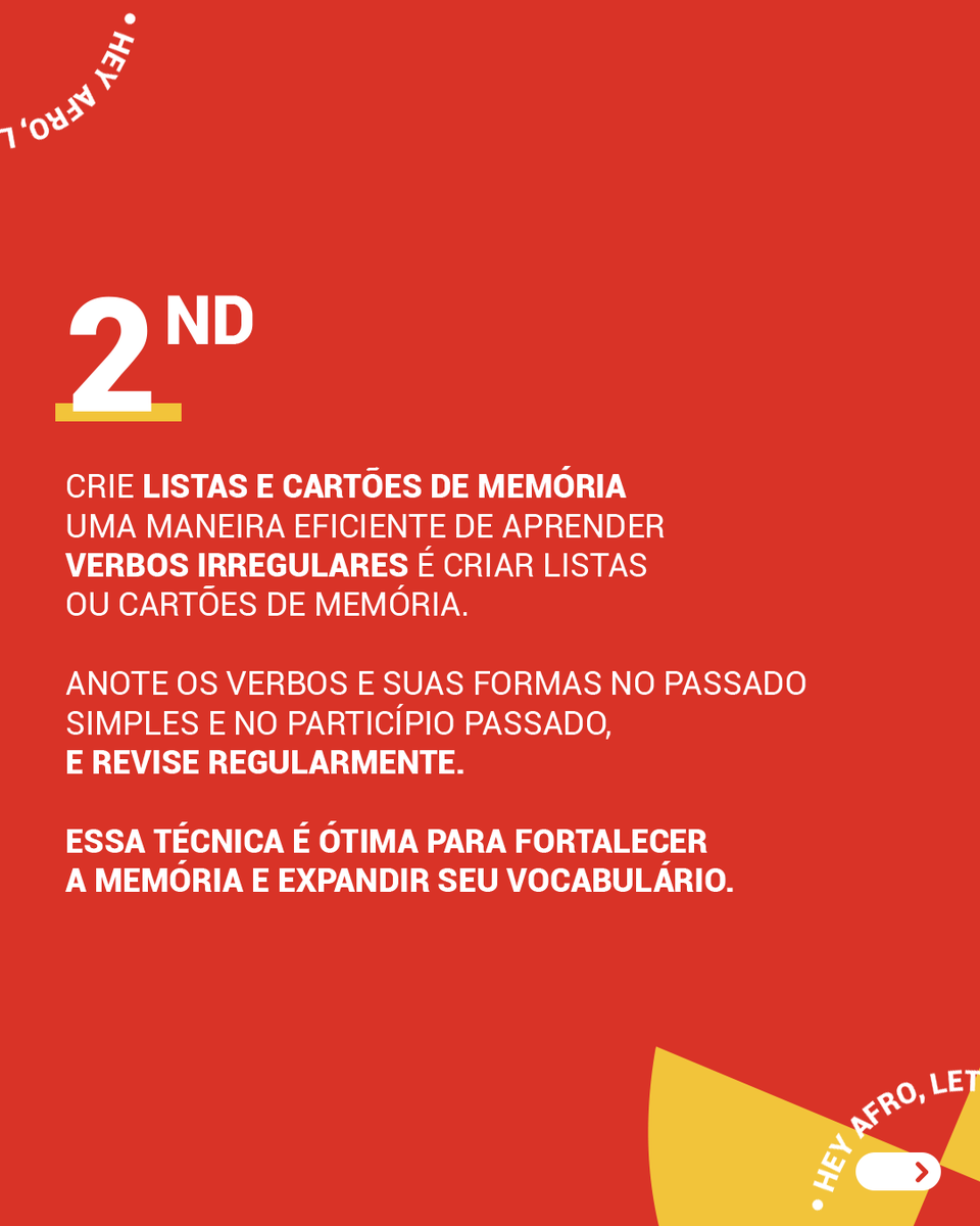 AfroDspConnect's tweet photo. Lembra da última dica sobre Verbs in The Past? (Se não viu ainda, corre volta alguns posts aqui no feed e dá uma lida também) Então, pega essa parte 2 pra te ajudar a fixar melhor esses verbos.
Here we go, segue o fio.
#LearnEnglish #AfroDiaspora #SimplePast https://t.co/a8eboBnfFE