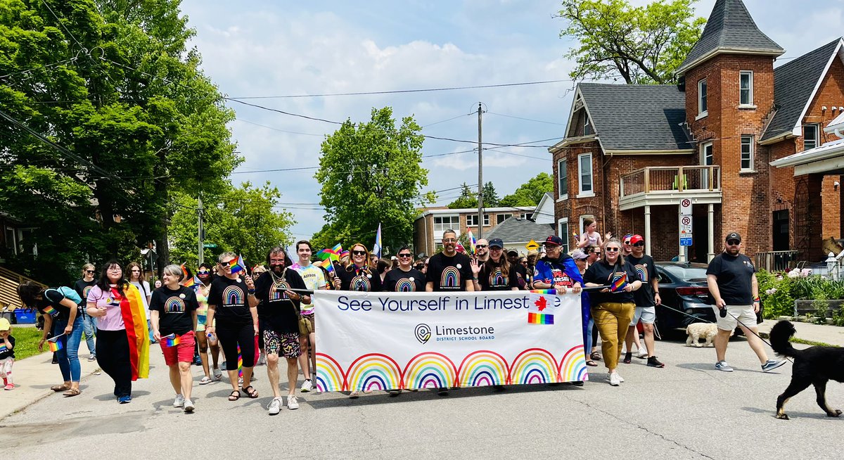 JBorgesEdu's tweet photo. A very spectacular Pride Parade day with so many @LimestoneDSB colleagues, friends, families &amp; students. Proud to be in LDSB. #ygk #Pride2023 #WeAllBelong https://t.co/TklWp9otXV