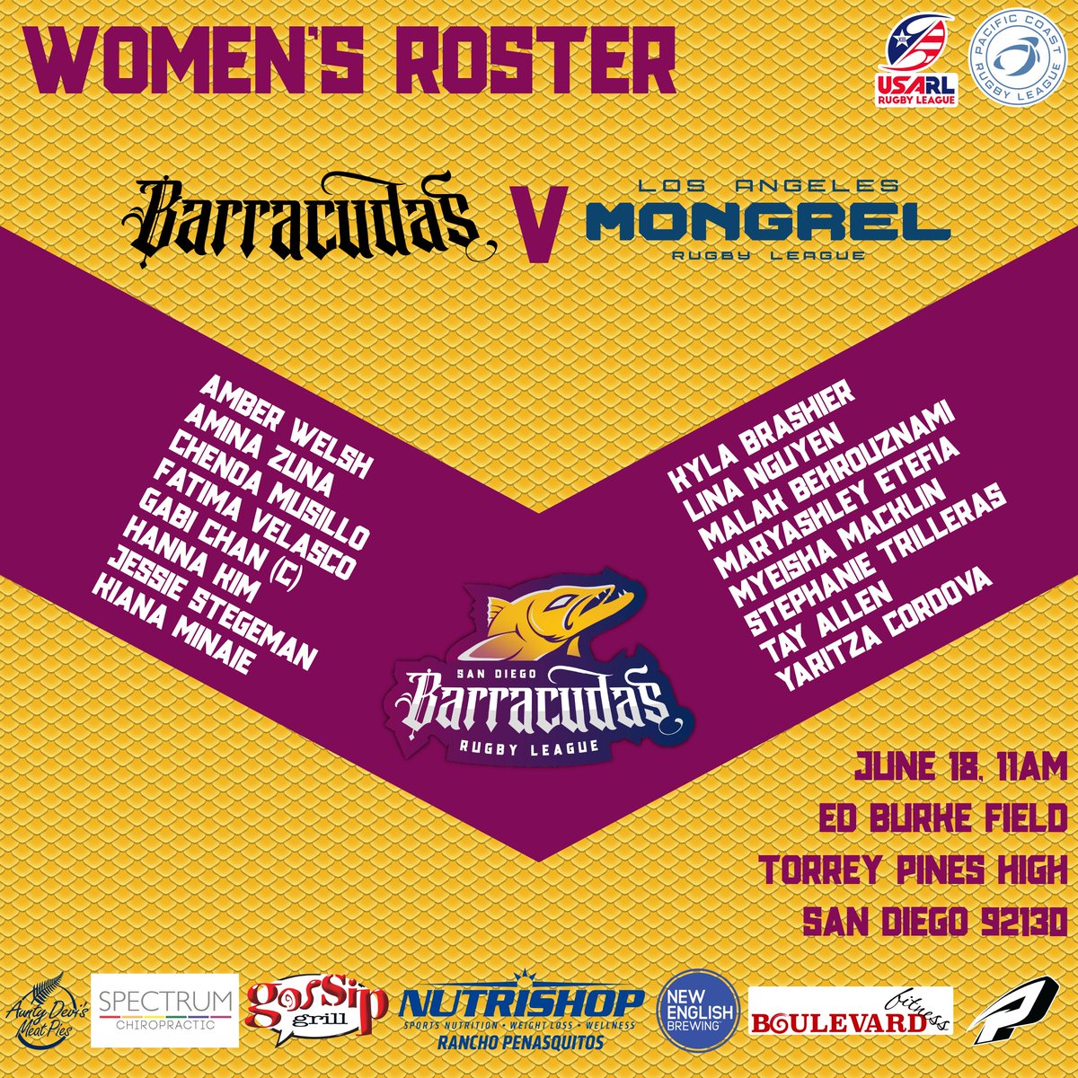 SD_Barracudas's tweet photo. 🚨 ROSTER ANNOUNCEMENT 🚨
Here it is, the first EVER women's Barracudas team, ready to take on the Mongrel finest tomorrow at 11am.
Then it's the turn of the men to play LA at 1:30pm
Tickets just $5 on our website, kids come free!
#rugbyleague #womensrugby #SDvsEverybody https://t.co/prBmfCJnnc