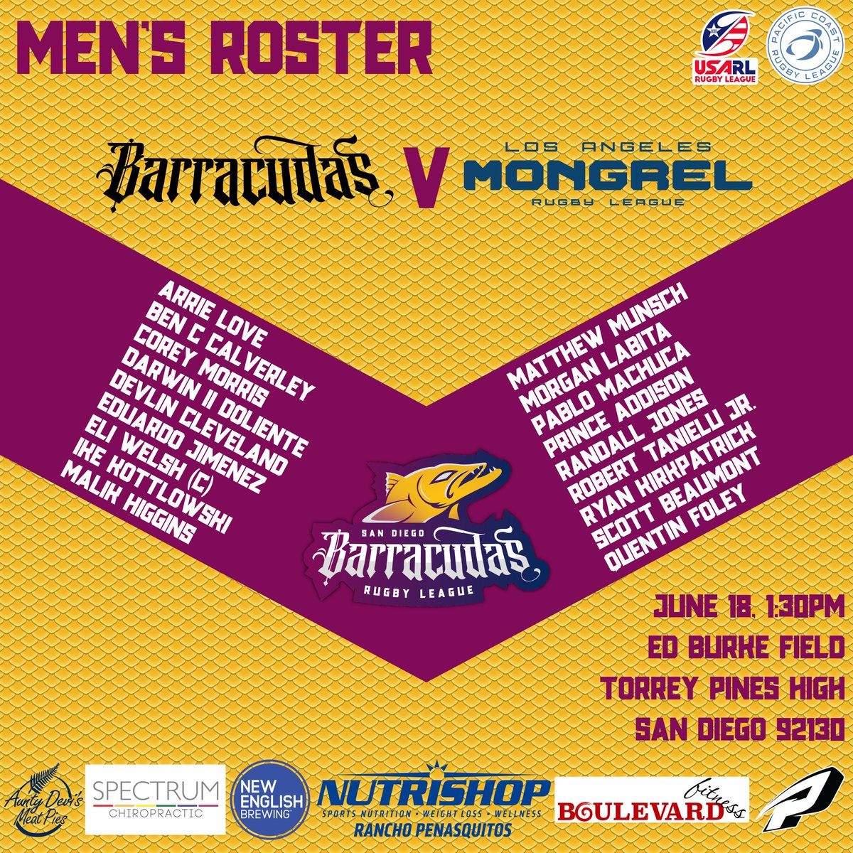 SD_Barracudas's tweet photo. 🚨 ROSTER ANNOUNCEMENT 🚨
Here it is, the first EVER women's Barracudas team, ready to take on the Mongrel finest tomorrow at 11am.
Then it's the turn of the men to play LA at 1:30pm
Tickets just $5 on our website, kids come free!
#rugbyleague #womensrugby #SDvsEverybody https://t.co/prBmfCJnnc