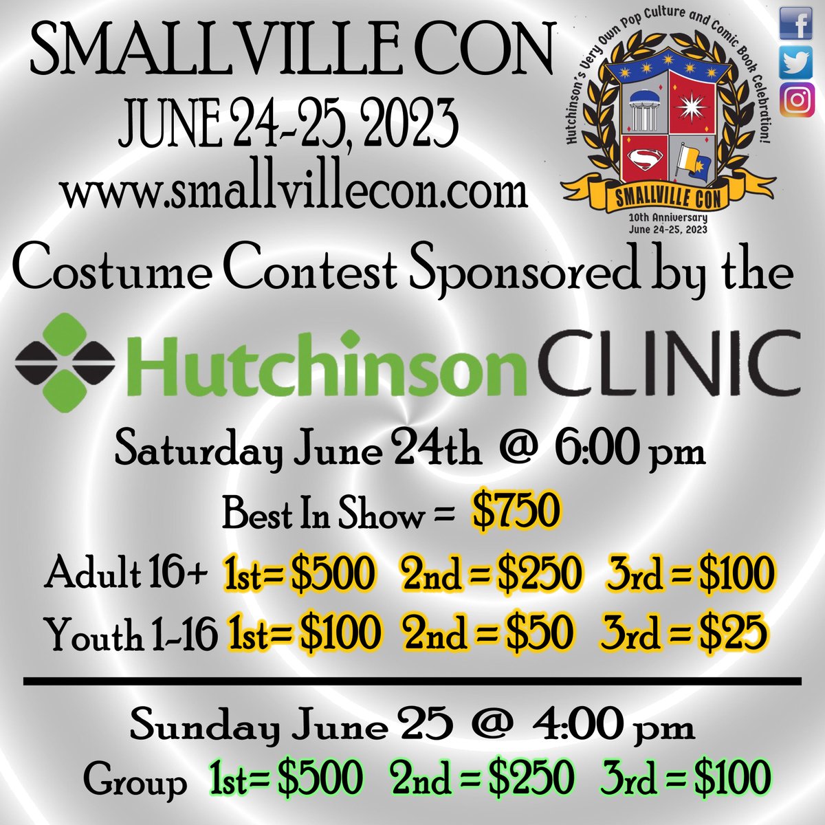 Next weekend is your chance at the #SmallvilleCon to win some $$$ in our #costumecontest! Thank you to Hutchinson Clinic for supporting us and sponsoring our costume contest! Over $2600 is up for grabs so get your #costume ready to walk the stage and impress our judges!