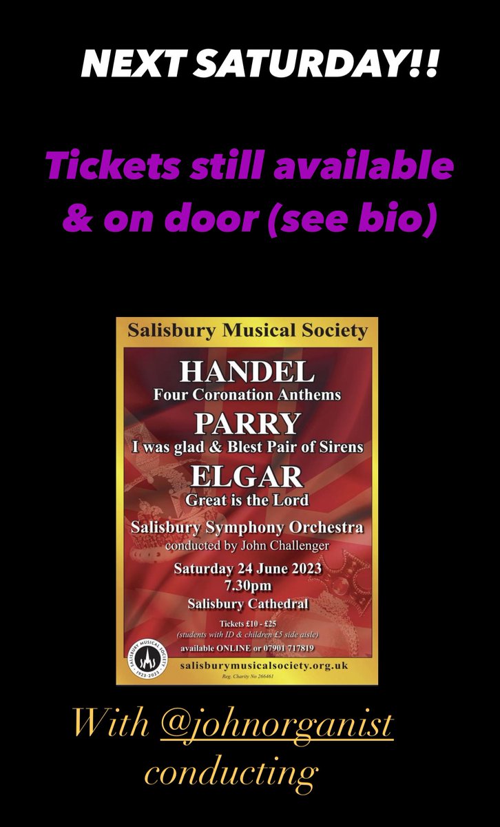 In this hot weather, come to a “cool” <a href="/SalisburyCath/">Salisbury Cathedral</a> next Saturday, for some “cool” music &amp; celebration. With the fabulous <a href="/johnorganist/">John Challenger</a> conducting. A summer highlight, not to be missed. Tickets on door or at: salisburymusicalsociety.org.uk #concert #salisbury