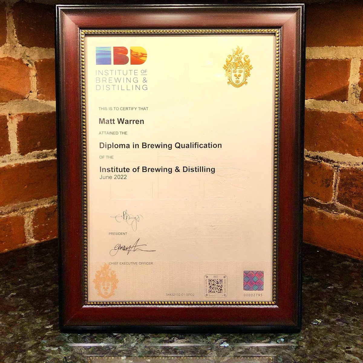 Finally received my physical diploma from the @IBDHQ in London. Thanks to all my family &amp; friends who’ve supported me through a decade of beer study. This will likely be the last beer/brewing exams I ever take but I feel like I’ve been saying that for 5+ years so we’ll see.😂 -MW