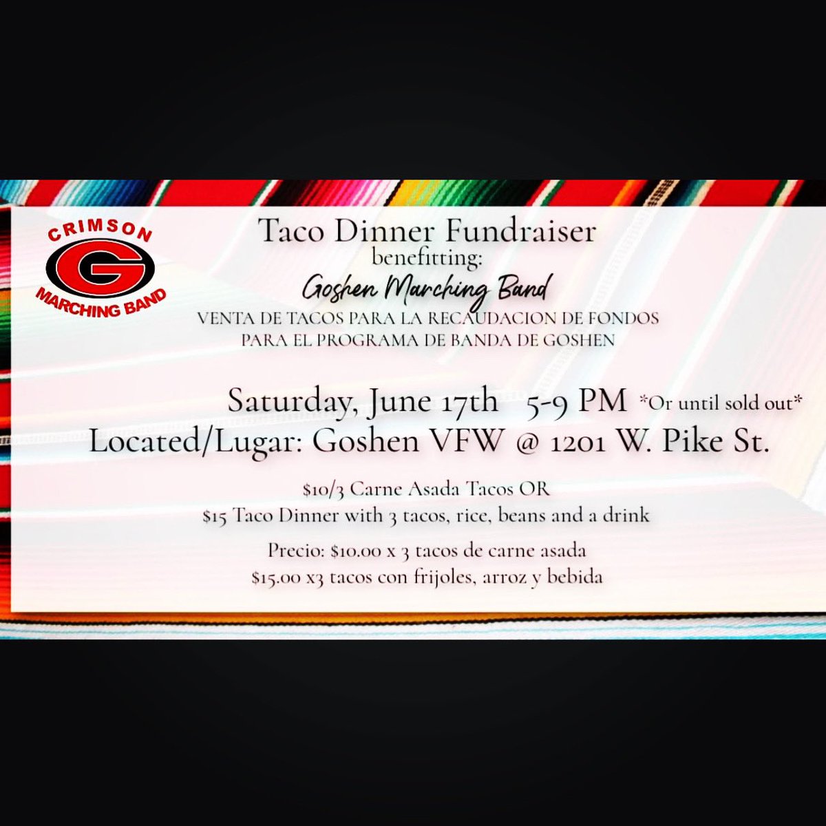 Tonight’s the night! Come out for some yummy Asada (steak) tacos and help support the Goshen Band. Tickets sold at the door. I hope to see you there.🌮🌮🌮☺️