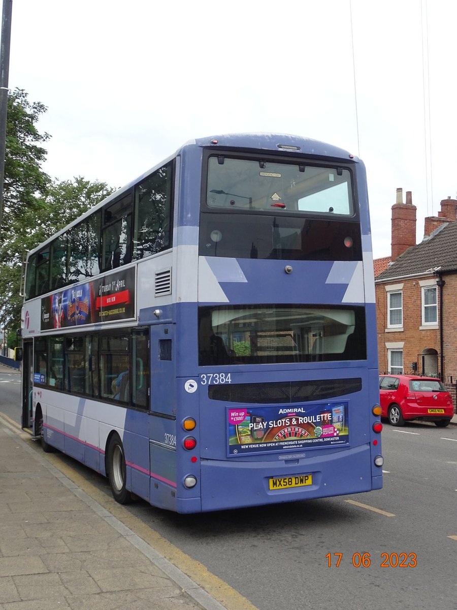 Shaun__92's tweet photo. First Doncaster - 37384 - Volvo B9TL - Wright Eclipse Gemini - MX58 DWP on Service 87 to Doncaster Via Stainforth #moorends #thorne #Stainforth #doncaster #doncasterinterchange #volvob9tl #wrighteclipsegemini #olympialivery @FirstSouthYorks #saturday #17th #june #2023 https://t.co/HSquGIWrKc