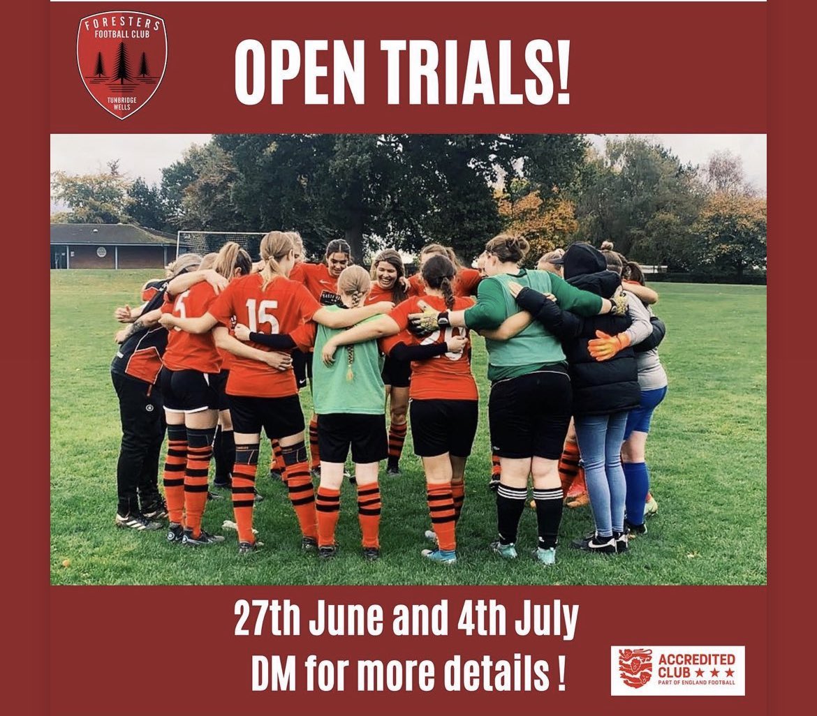 Still time to register for our open trials as we will play in the <a href="/SECWFLnews/">SECWFL</a> division 1 west after securing promotion.
 
Great team, brilliant training supported by an amazing 3 star <a href="/EnglandFootball/">England Football</a> accredited club 
email us - 
forestersfc@gmail.com 

<a href="/twforesters/">TW Foresters FC</a> #fozzies 🟥⬛️