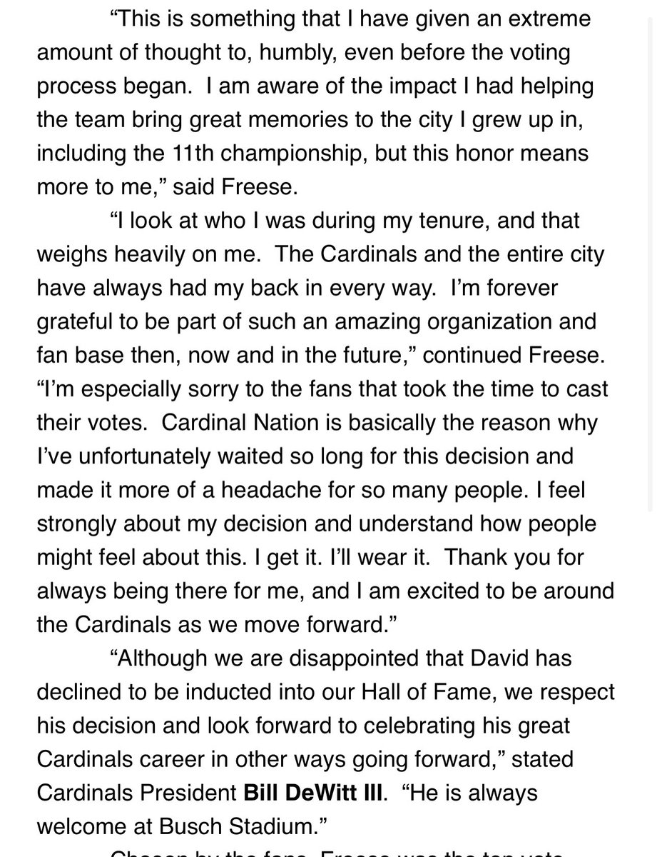 katiejwoo's tweet photo. Here’s David Freese’s statement on his decision to decline his election into the Cardinals Hall of Fame. Freese was set to enter this August. https://t.co/gJEdyaEBE4