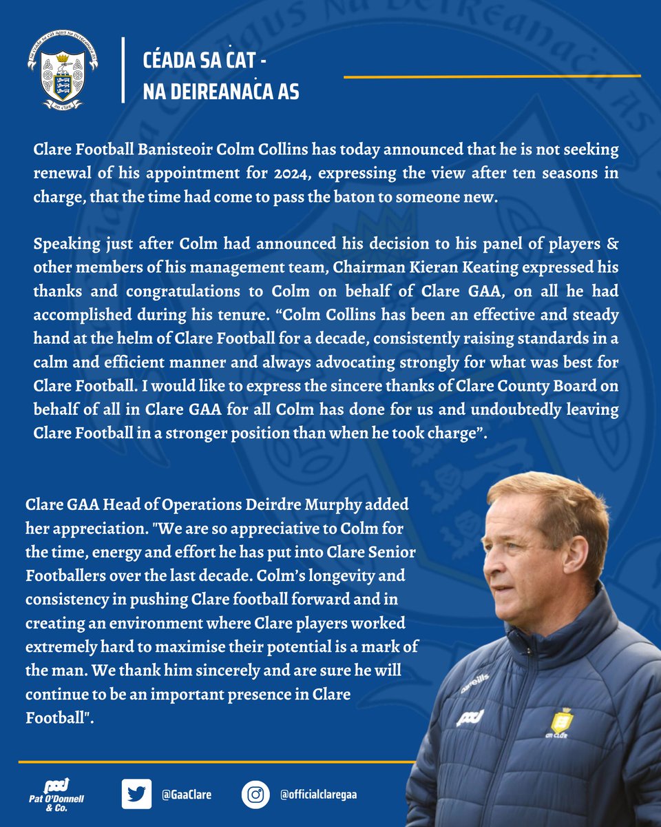 GaaClare's tweet photo. 👏👏 Big boots to fill. Míle míle buíochas Colm . 💪🟡🔵🟡 https://t.co/AsUJJTGhiJ