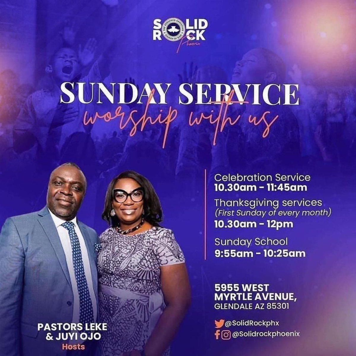 SolidRockPhx's tweet photo. We invite you to worship with us tomorrow at RCCG Solid Rock Phoenix.

See flyer for more details.

Please invite someone too.

#SolidRockPhoenix #RCCGSolidRockPhoenix #Arizona #AZ #ArizonaChurches #ChurchesinArizona #Sunday #SundayService https://t.co/BeYvJnpWqm