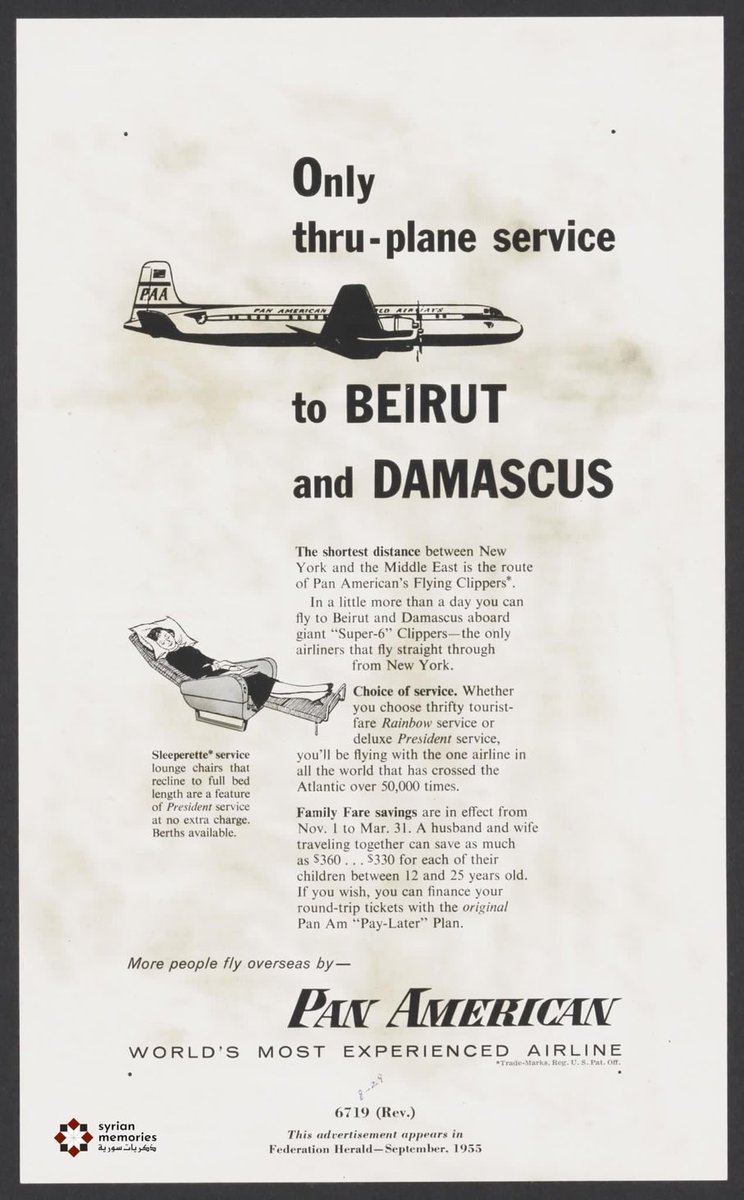 syrianmemories's tweet photo. 1955 PanAmerican Ad - “The only thru-plane service to Beirut and Damascus” ✈️

Explore the archive @ https://t.co/fKKCN02poR

#syria #syrie #syrianmemories #syrianTravel #SyrianAds #Damascus #PanAm #PanAmerican https://t.co/DGmIhS5kky