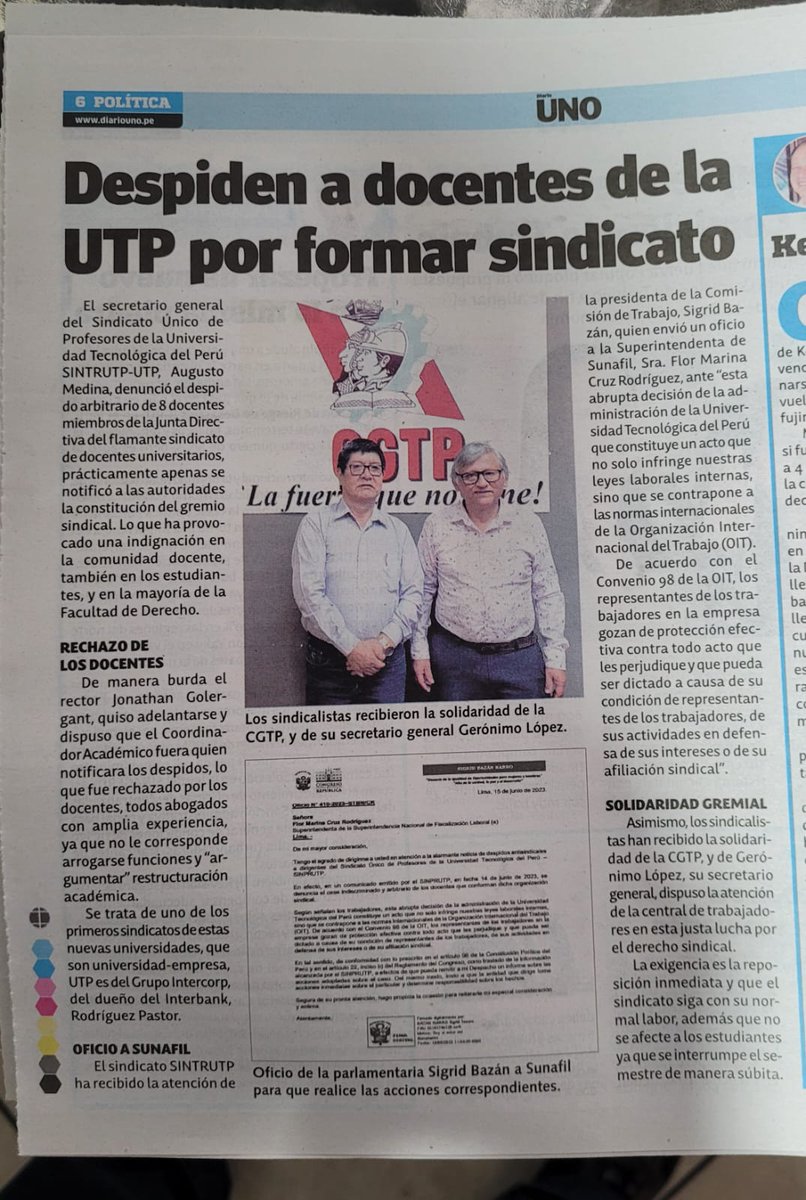 sinprutp's tweet photo. 🟡 #NOTICIA Gracias a @DiarioUnoPeru por la nota de hoy. Sigamos denunciando las injusticias y arbitrariedades cometidas por la Universidad Tecnológica del Perú - UTP contra sus docentes por formar nuestro sindicato. #SINPRUTP #despidoarbitrario #cesearbitrario https://t.co/4X20NYHDag