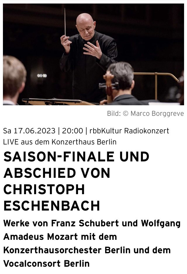 Christoph Eschenbach bids farewell to @konzerthaus with a thoughtful, subtle reading of Mozart’s Requiem featuring Vocal Consort Berlin + super soloists (incl wonderful @ChenReiss), live on #rbbkultur : rbb-online.de/rbbkultur/live…