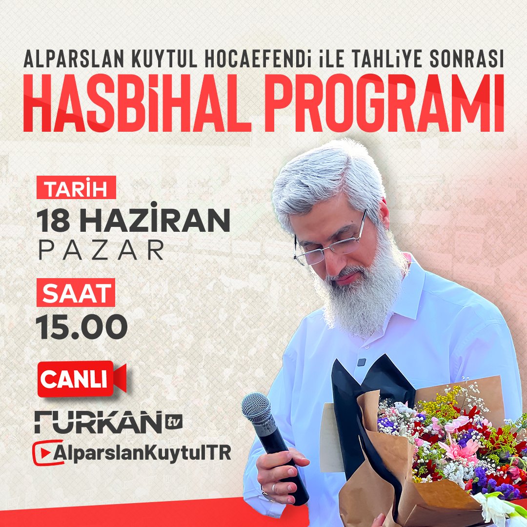 Alparslan Kuytul Hocaefendi ile Tahliye Sonrası Hasbihal Programı

🗓 18 Haziran Pazar 
🕒 15.00

AlparslanHocam HoşGeldiniz