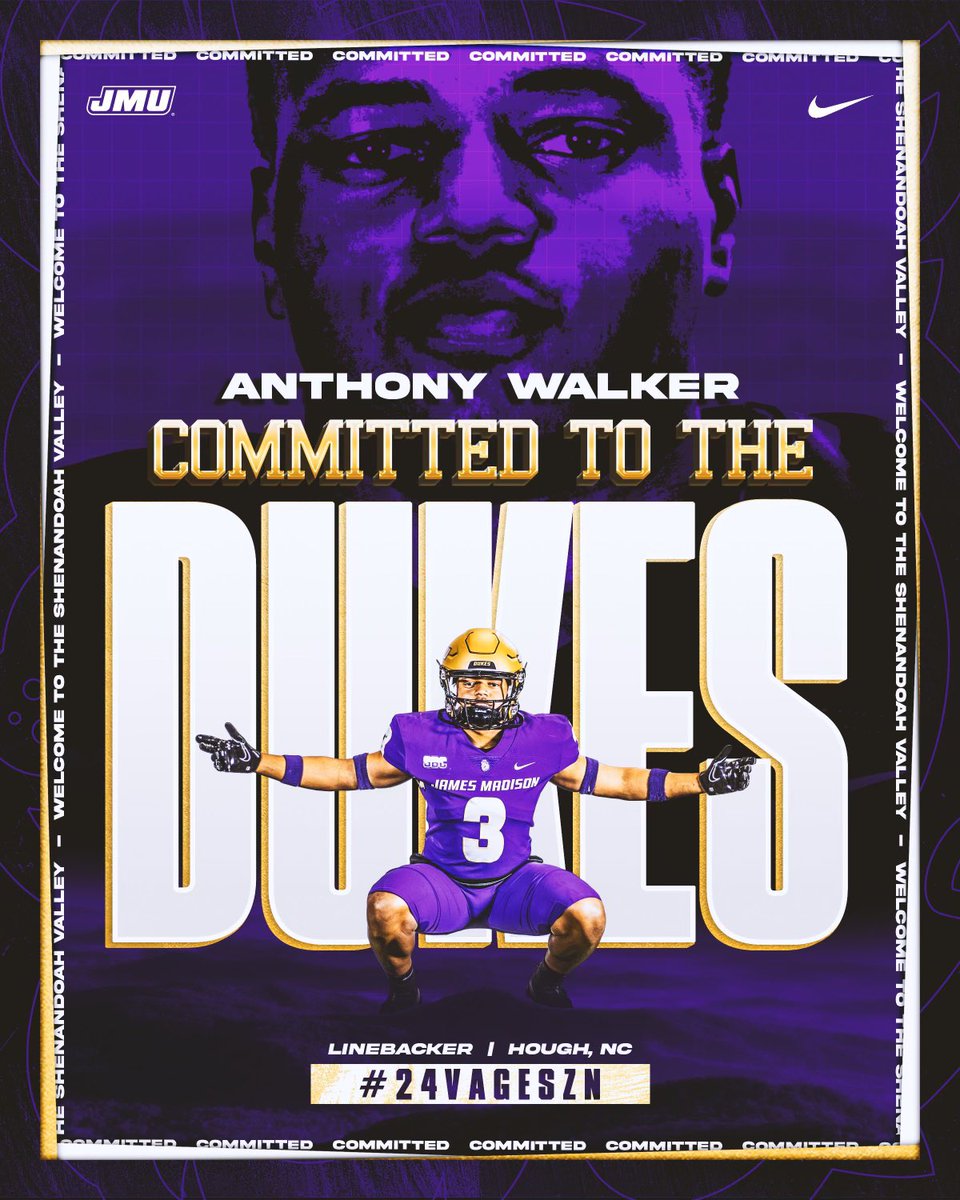 Anthony Walker (@anthonynwalker6) on Twitter photo COMMITTED TO EXCELLENCE , GO DUKES‼️‼️‼️<a href="/JMUFootball/">JMU Football</a> @JMUCurtCignetti <a href="/CoachTSunseri/">Tino Sunseri</a> <a href="/Coach_BHaines/">Bryant Haines</a> <a href="/DeShawnBaker6/">Bakerboy21</a> <a href="/SC_DBGROUP/">SC DB's</a> <a href="/MobleyEra_7/">Brandon Mobley</a> <a href="/coachswill58/">Steven Williams</a> <a href="/willbradleysp/">Will Bradley Sports Performance</a> <a href="/charlottepreps/">Observer Preps</a> @On3Recruits 🟡🟣🟡🟣 COMMITTED TO EXCELLENCE , GO DUKES‼️‼️‼️<a href="/JMUFootball/">JMU Football</a> @JMUCurtCignetti <a href="/CoachTSunseri/">Tino Sunseri</a> <a href="/Coach_BHaines/">Bryant Haines</a> <a href="/DeShawnBaker6/">Bakerboy21</a> <a href="/SC_DBGROUP/">SC DB's</a> <a href="/MobleyEra_7/">Brandon Mobley</a> <a href="/coachswill58/">Steven Williams</a> <a href="/willbradleysp/">Will Bradley Sports Performance</a> <a href="/charlottepreps/">Observer Preps</a> @On3Recruits 🟡🟣🟡🟣