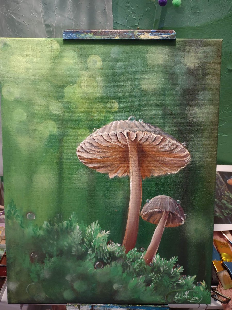 This painting has been in my head a while, and I finally got it out. 16x20 acrylic on stretch canvas. What you can't see in the photo is a slight shimmer to the background and dew drops that sparks when you move.