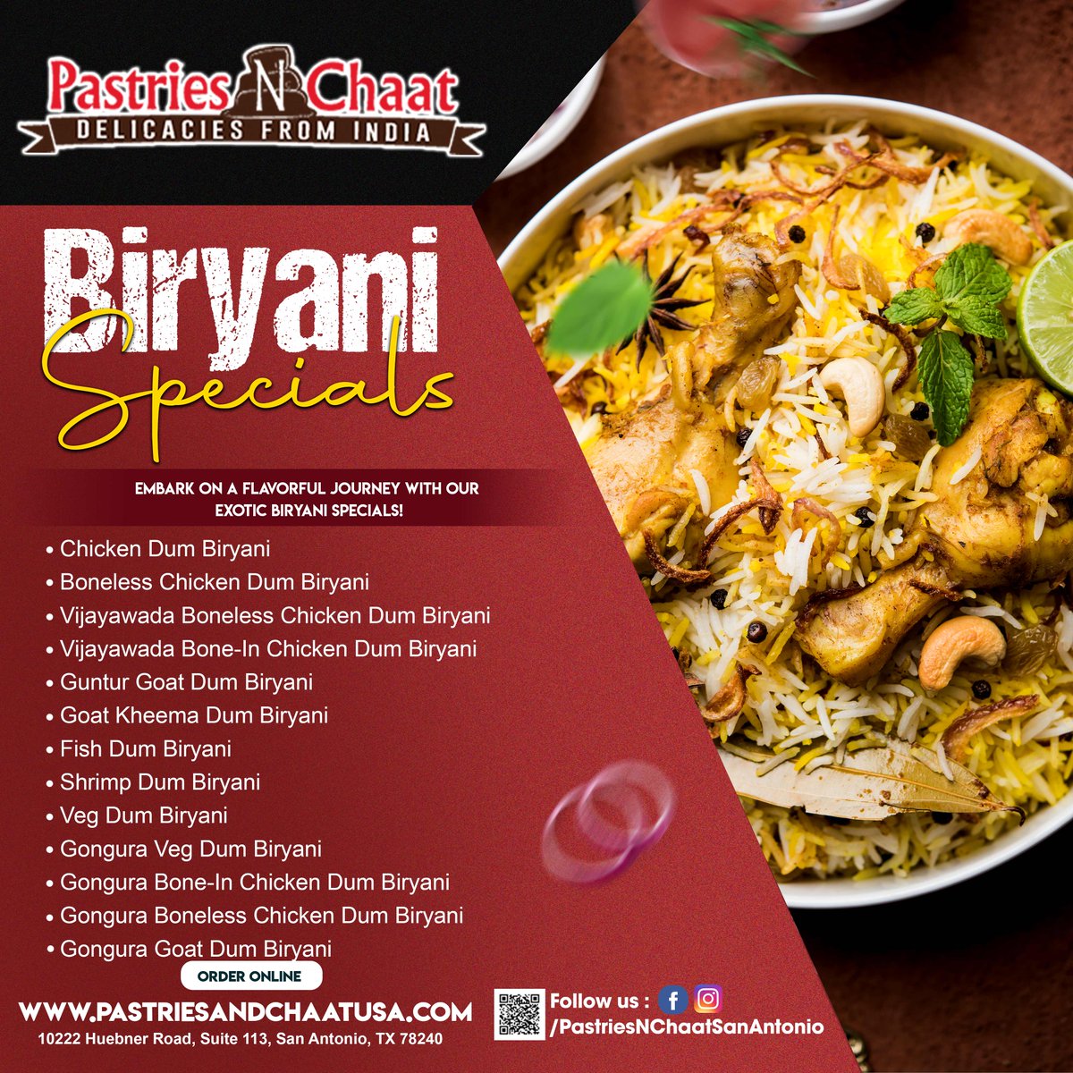 Calling all Biryani lovers! 🌶️🍛

🌟 Special Biryani Alert! 🌟 

Order Online: pastriesandchaatusa.com
#restaurant #indianrestaurant #pastriesNchaat #sanantoino #USA #PNC #PNCsanantonio #kabab #chicken #biryani #appetizers #chicken65 #chickenbiryani #restaurant #indianrestaurant