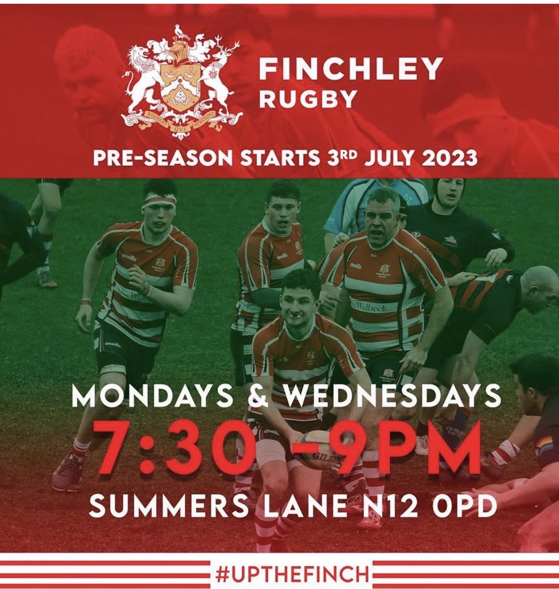 FinchleyRFC's tweet photo. Pre-season starts 3rd July. Mondays &amp; Wednesdays 7.30 - 9pm. Whether you have played before or you are new to the game come and join us. #SummersLane #N120PD #FinchleyRugby #Rugby #Preseason #Welcome https://t.co/3WJ7YNUugL
