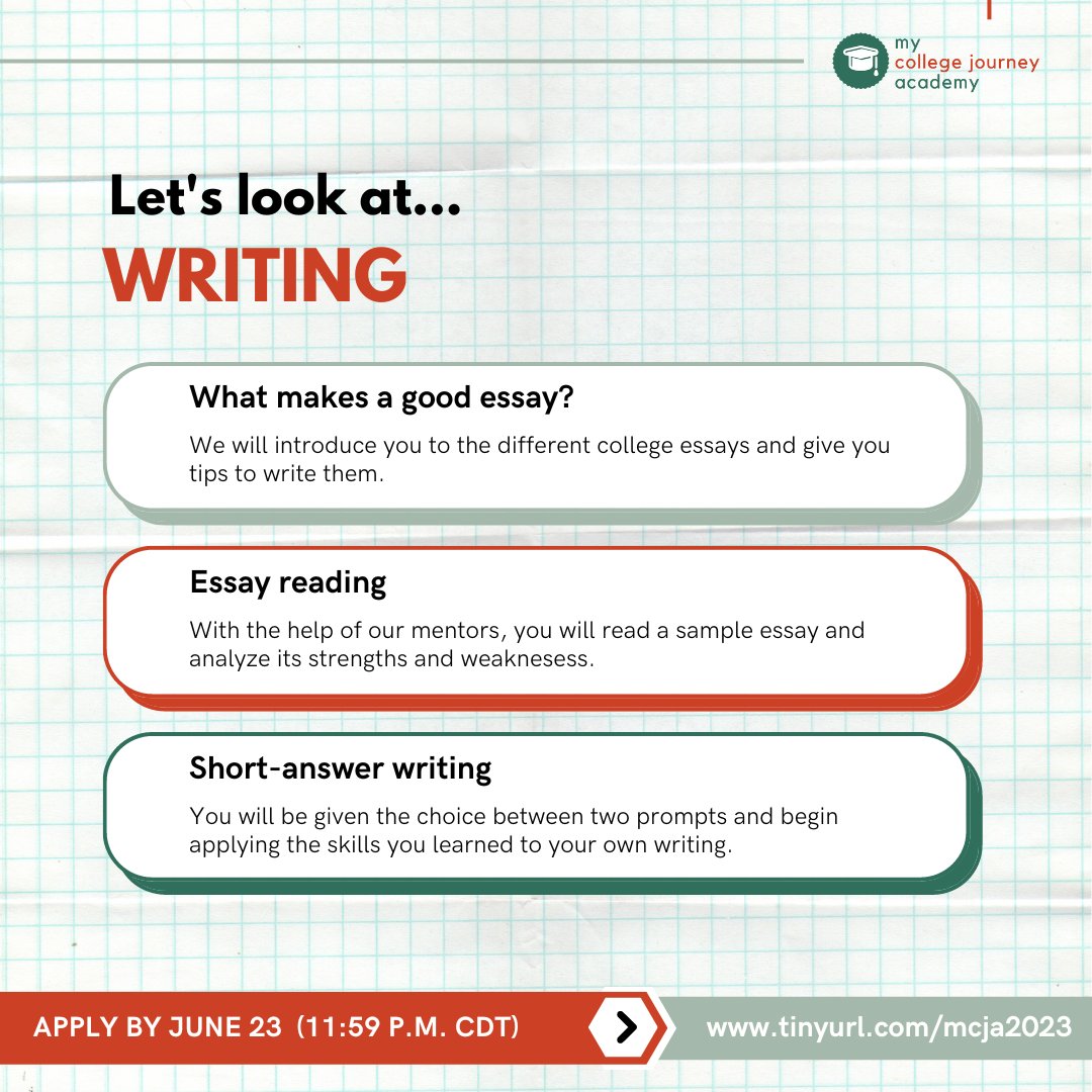 mcjairving's tweet photo. Continuing our look into our weekend-long summer guidance program, you'll start your Sunday learning how to write the different college essays. After that, you'll apply the skills you've learned to analyzing a sample essay, before writing your very own! https://t.co/jxoRoPeUWc