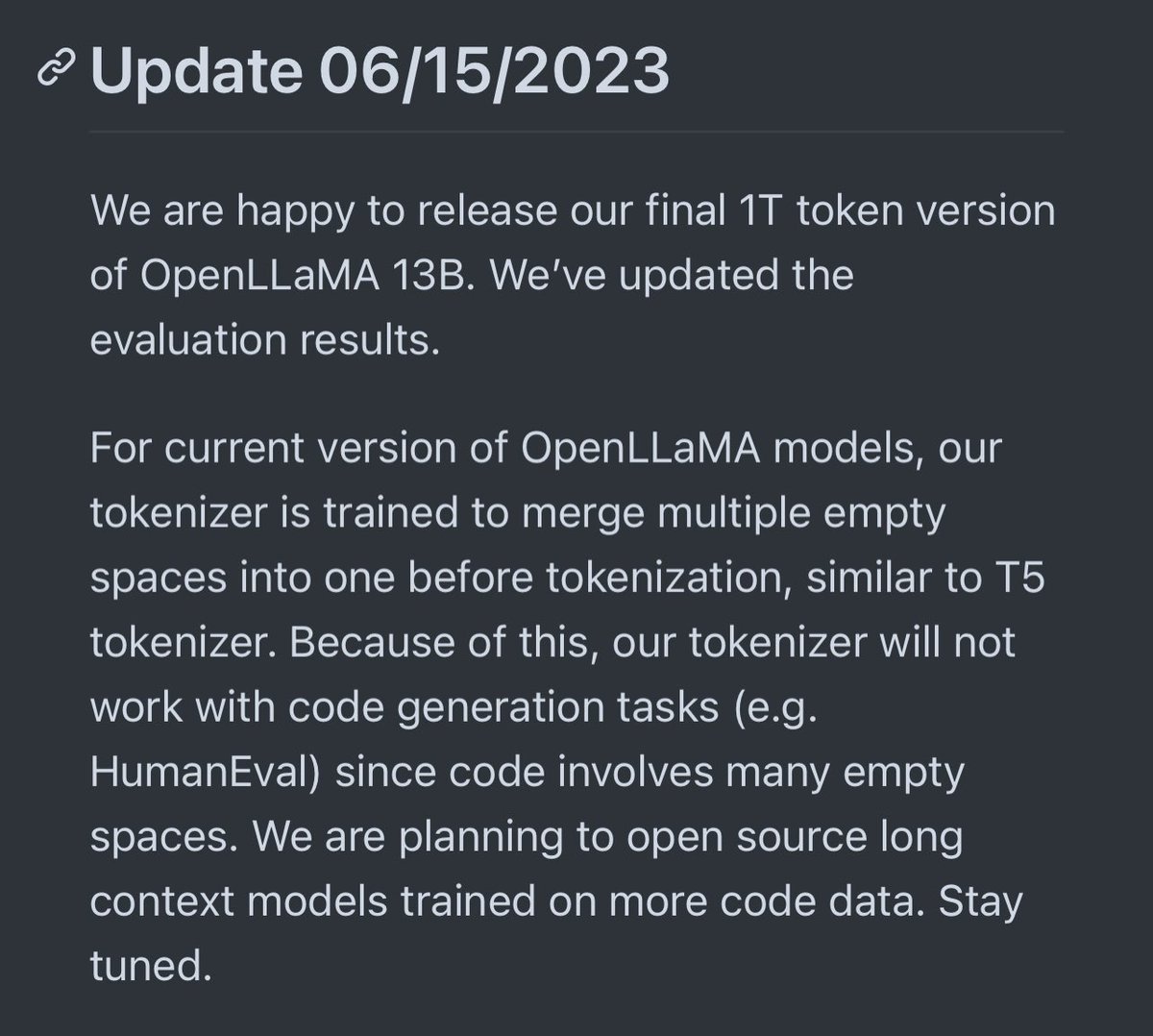 abacaj's tweet photo. Been looking forward to this OpenLLaMA 13B is complete and available. Now the fine tuning runs begin, you can use this model for commercial or personal purposes it’s under Apache 2 and should be compatible with inference using ggml, ct2 or exllama https://t.co/MDVTupmfN1