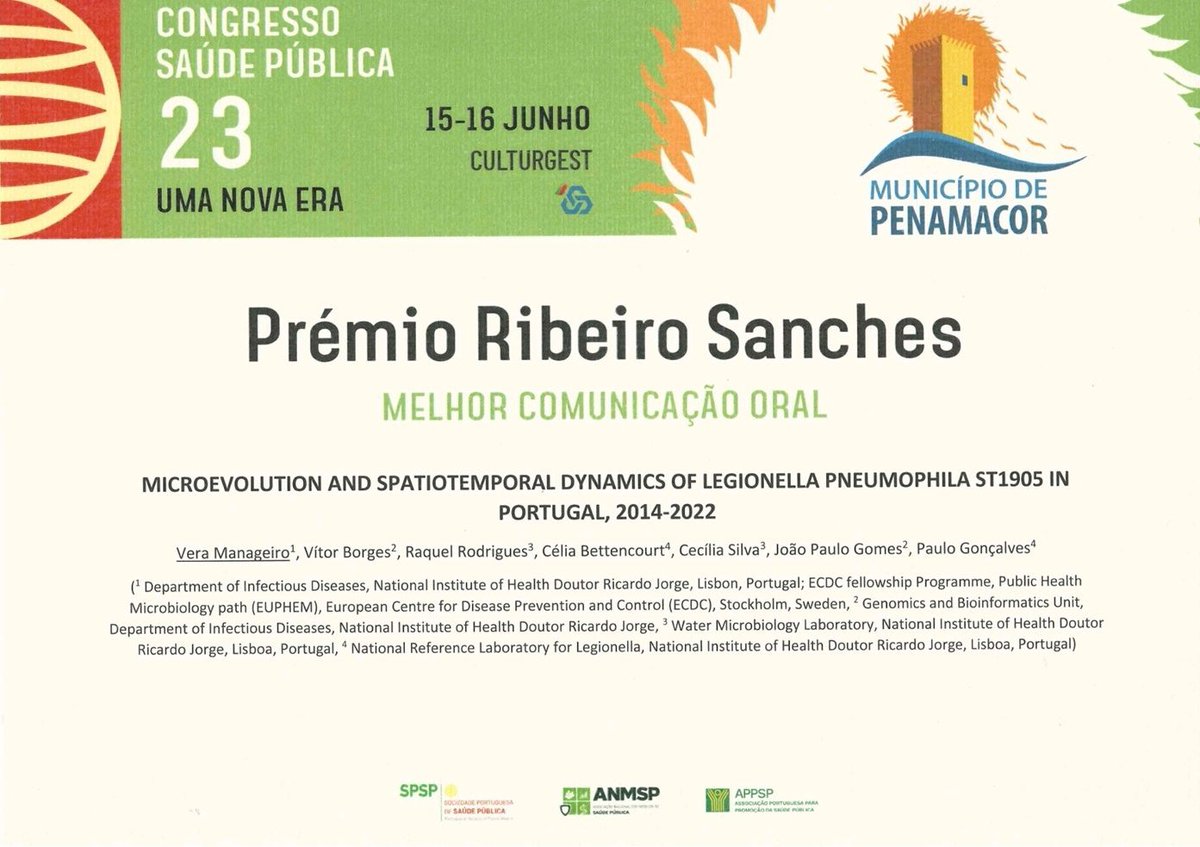 VeraManageiro's tweet photo. I am very proud of my work on Legionella, which was developed at @irj_pt as part of my training in Public Microbiology #EUPHEM @ECDCPHT, presented at #CongressoSaudePublica23

It was an honour to receive the Best Oral Communication Prize 
 @sp_saudepublica https://t.co/ajIwnvqjWb