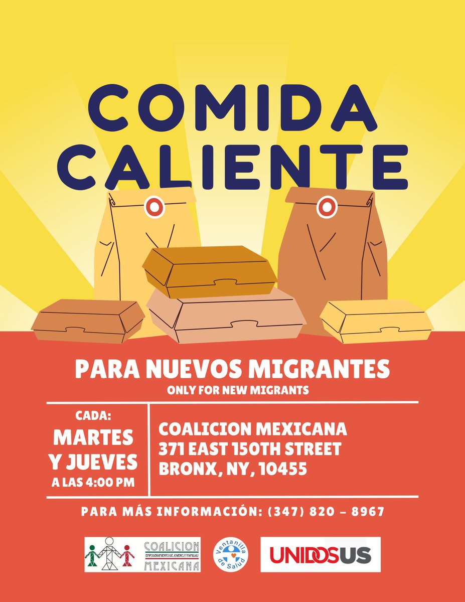 CoalicionMex's tweet photo. ¡Nosotros en la Coalición Mexicana estaremos sirviendo comida caliente gratis para aquellos que llegaron recientemente a los Estados Unidos!

Ven por comida caliente gratis este miércoles a las 4pm y todos los martes y jueves a las 4pm

#freefood #nycimmigrants https://t.co/U3NDwFkueT