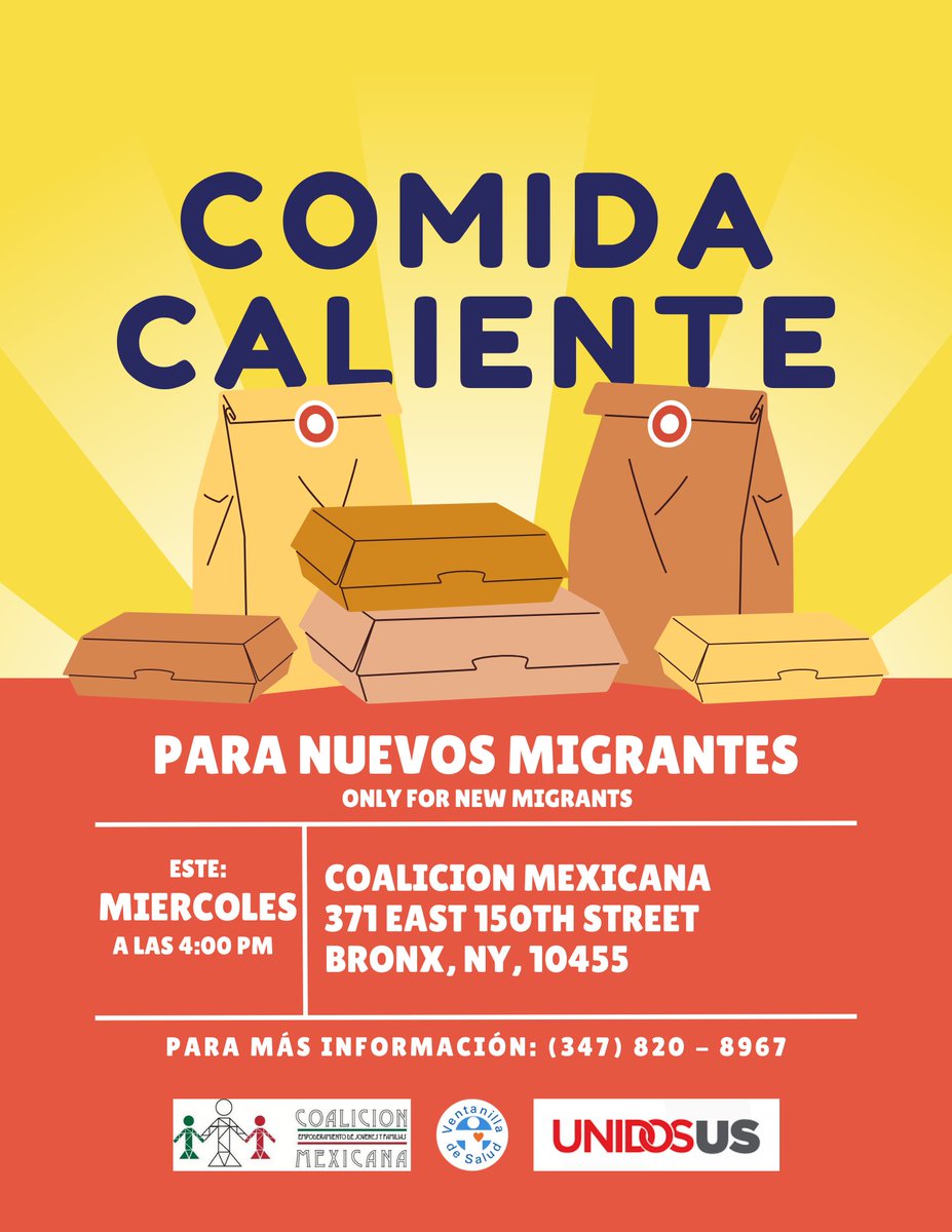 ¡Nosotros en la Coalición Mexicana estaremos sirviendo comida caliente gratis para aquellos que llegaron recientemente a los Estados Unidos!

Ven por comida caliente gratis este miércoles a las 4pm y todos los martes y jueves a las 4pm

#freefood #nycimmigrants