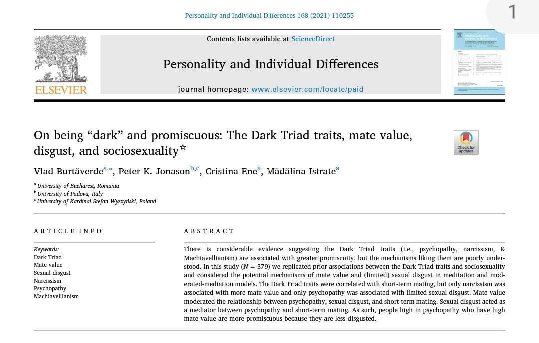 Why do men higher in the Dark Triad have more sexual partners? In part, they may be less picky. The relationship between the DT and short term mating is mediated by lower sexual disgust sensitivity.