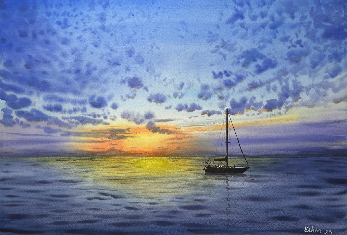 ARTFINDER: Sunset and Sailboat. by Erkin Yılmaz - This is an original watercolor painting of beauti… - bit.ly/3LWNnTj via @artfinder