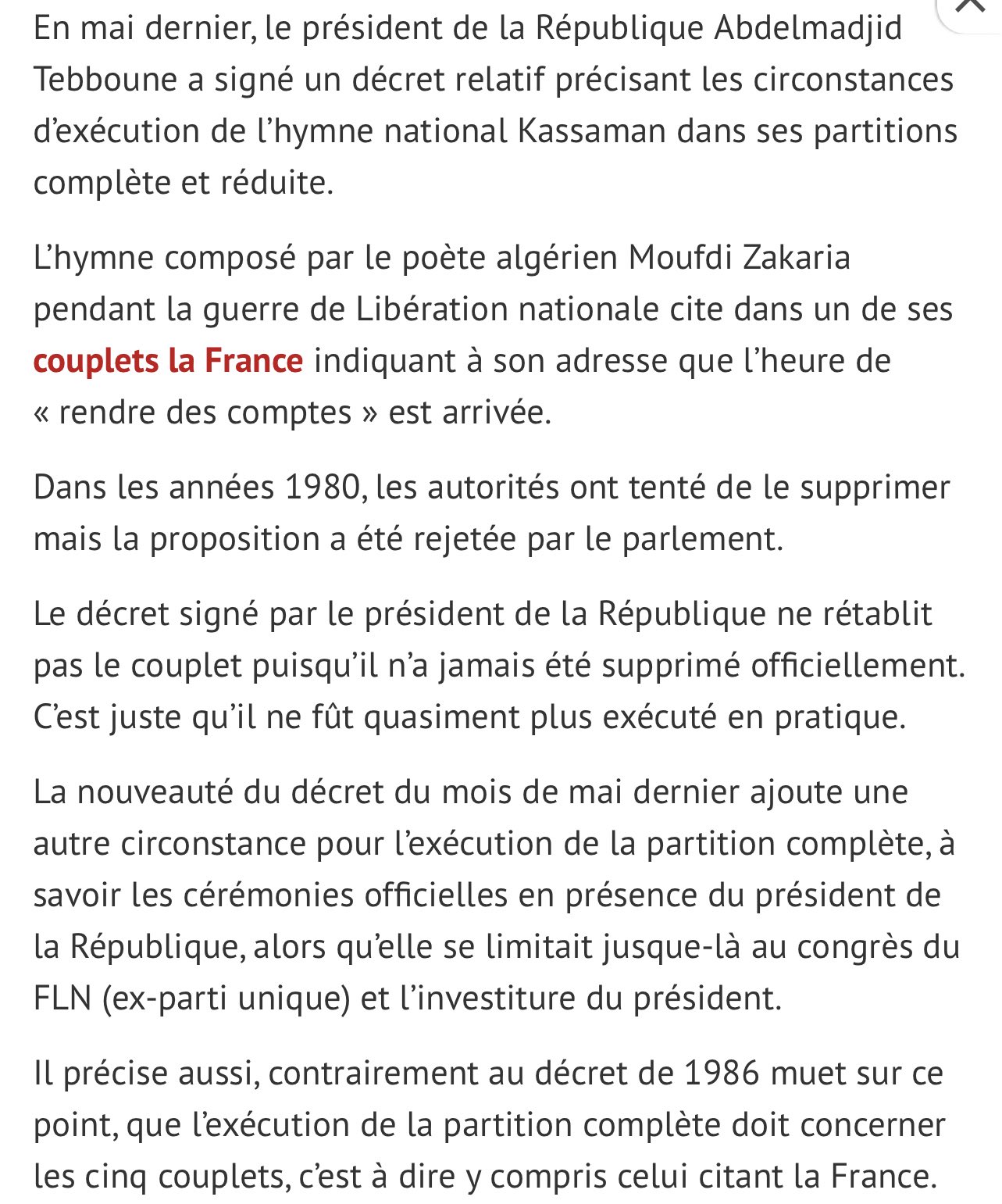 Diplomatie. L'Algérie réintroduit un couplet anti-France dans son hymne  national