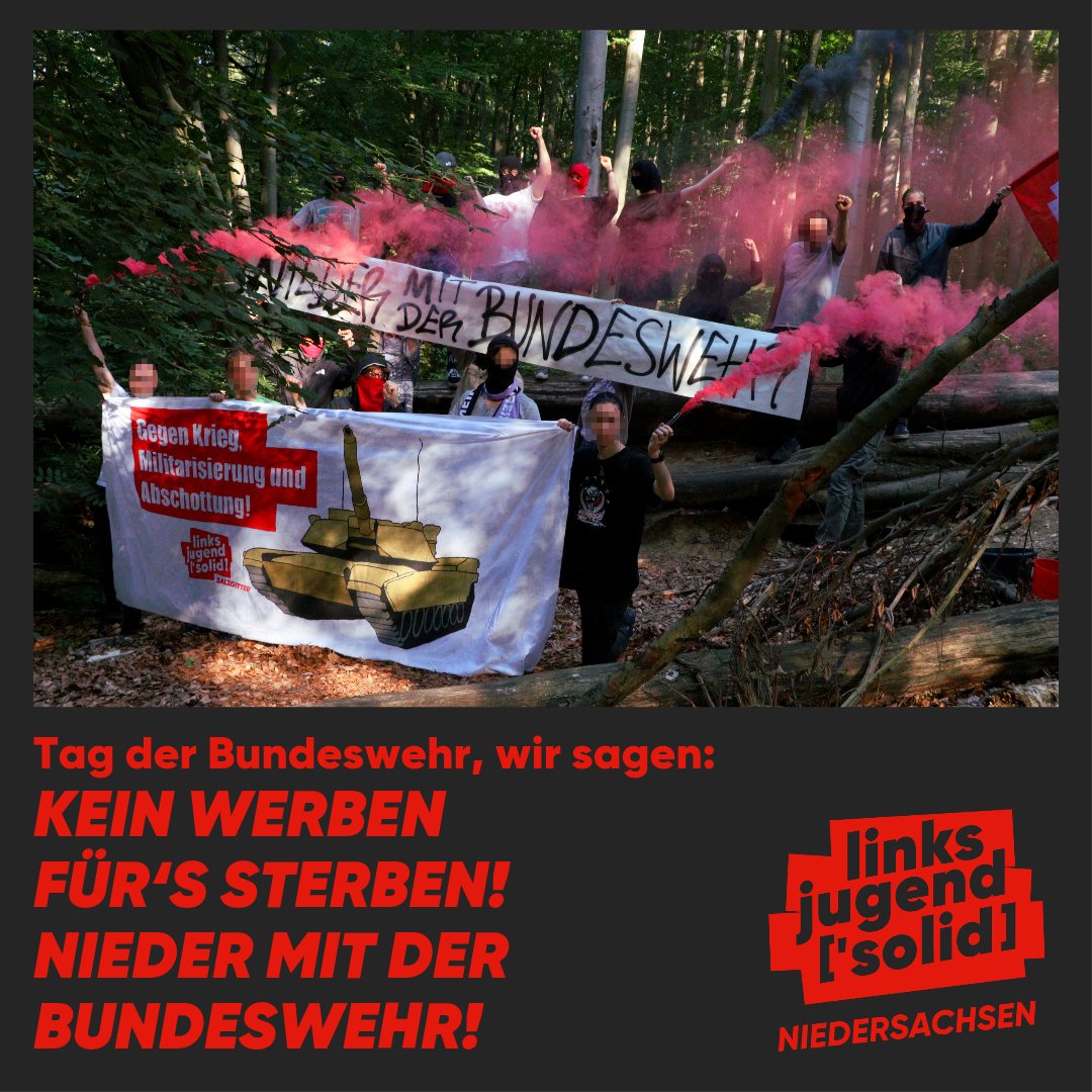 solid_nds's tweet photo. Anlässlich des heuten Tages der Bundeswehr und den damit einhergehenden Propaganda-Aktionen der Bundeswehr haben wir uns heute auf unserem Sommercamp zusammengefunden, um uns klar dagegen zu positionieren!✊🚩
#TagDerBundeswehr #Bundeswehr #Antimilitarismus #linksjugend #solid https://t.co/n9Hq35U0YM