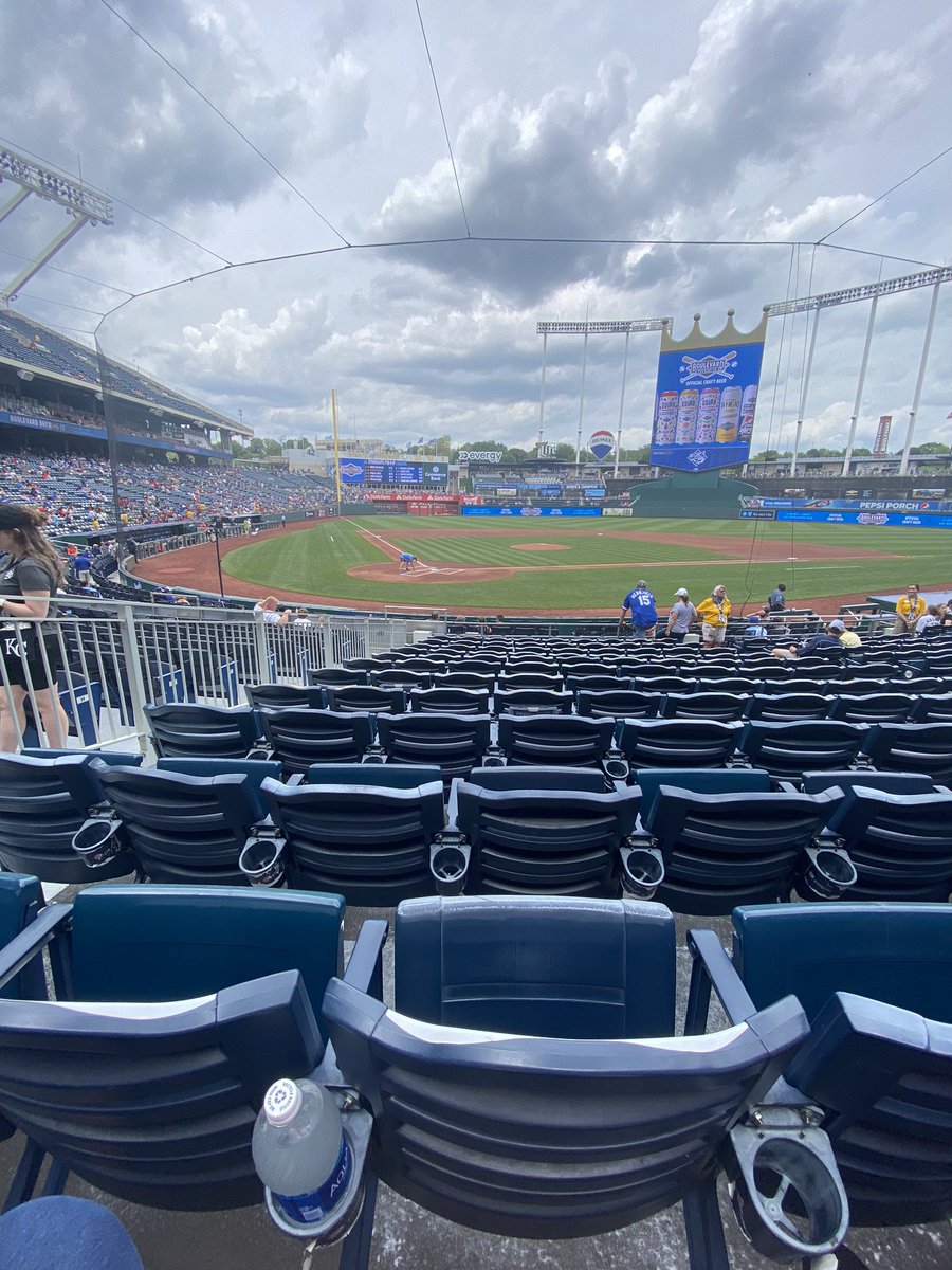 Chermokfh's tweet photo. Royals Game. Our view 
Ceremonial pitch by Jalon Daniels, KU quarterback  @TheCherm1 @ChermokMike @Redlodgerick @UNLgrad83 
#KUDay. #GoRoyals https://t.co/efxjh02J69