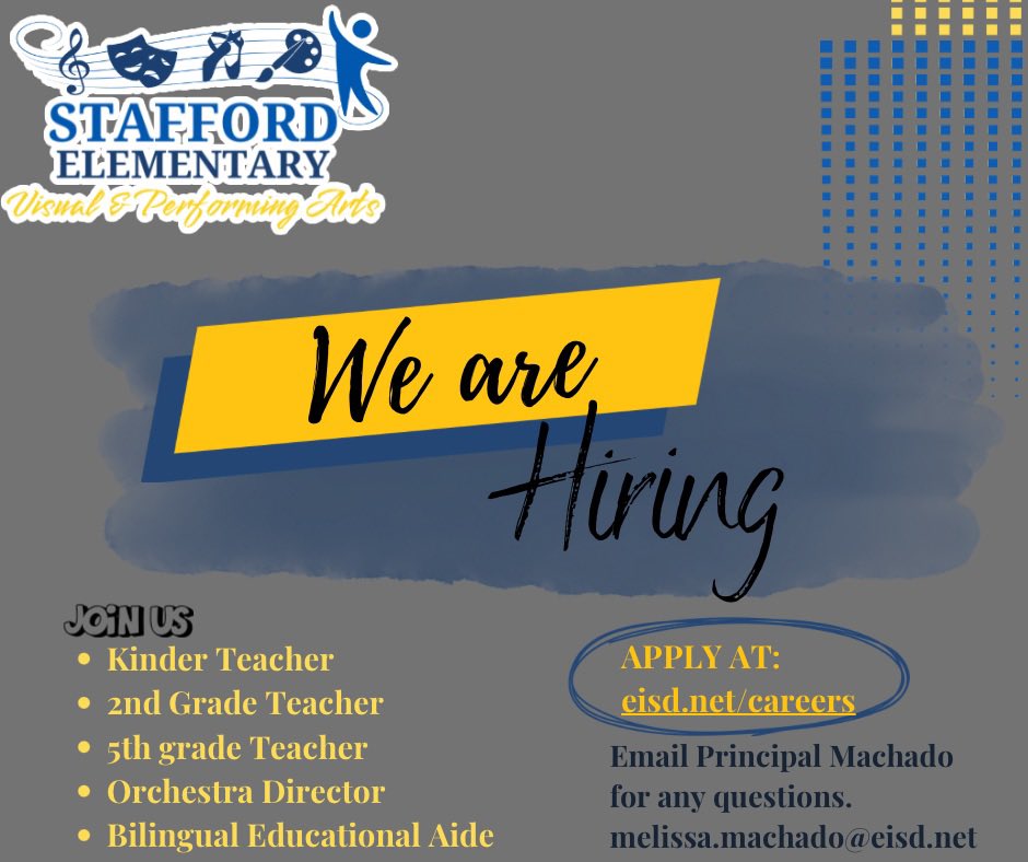 Melissa Machado (@principalmel06) on Twitter photo 🚨Any Educators out there looking for a change in environment, intrigued in the fine arts 🎭 innovation, or know someone that is? <a href="/StaffordEISD/">Stafford Visual & Performing Arts Elementary</a> is hiring! Join our team of phenomenal educators. ⬇️ 🚨Any Educators out there looking for a change in environment, intrigued in the fine arts 🎭 innovation, or know someone that is? <a href="/StaffordEISD/">Stafford Visual & Performing Arts Elementary</a> is hiring! Join our team of phenomenal educators. ⬇️