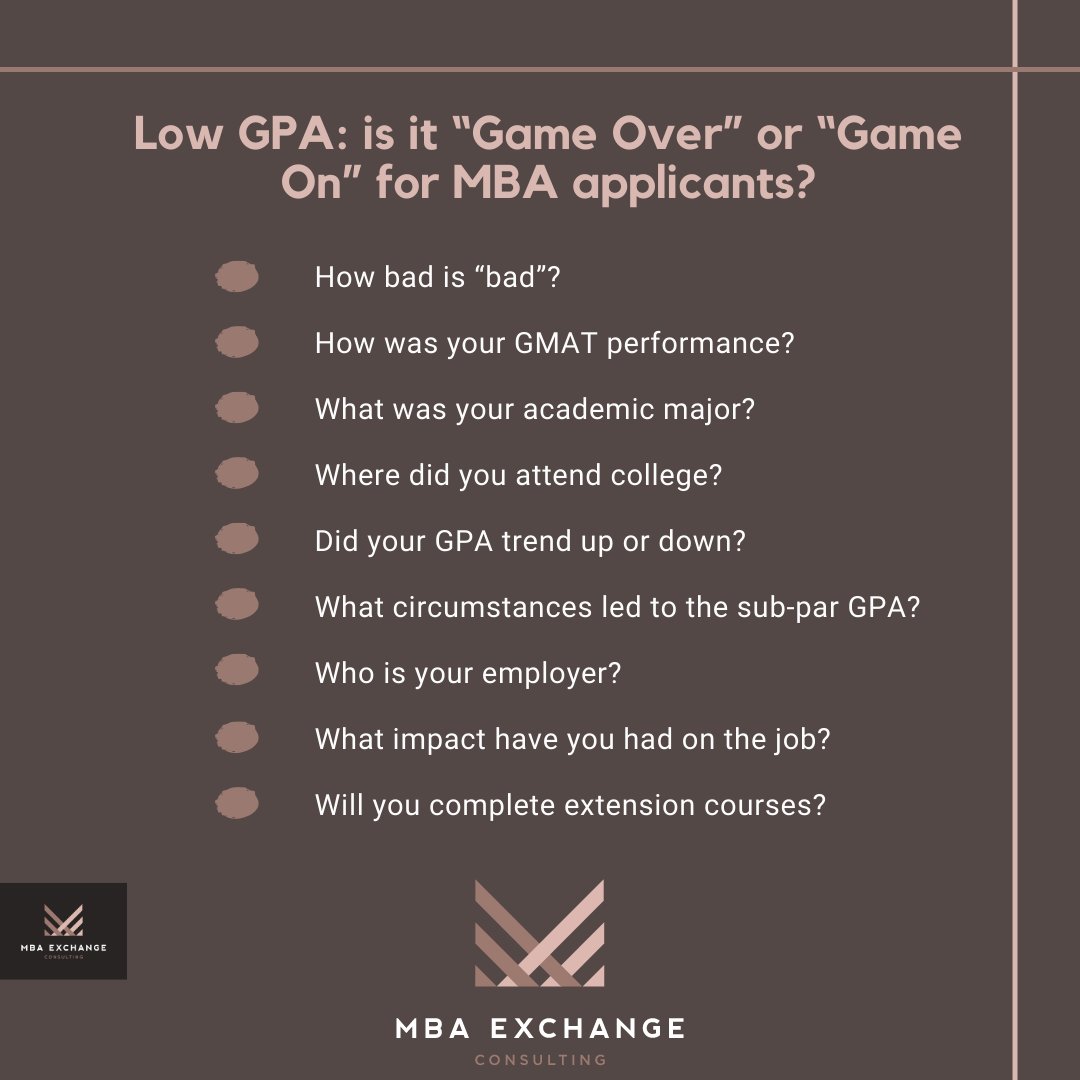 mba_exchange's tweet photo. "Can I Get an MBA With a Low GPA?" 🎓 You might be wondering if it's possible to pursue an MBA with a low GPA. Well, the answer is YES! 💪✨ At MBA Exchange, we've got the expertise to help you play your cards right.

https://t.co/lpCLo2R0ku

#MBAExchange #LowGPA https://t.co/29ICelDKxm
