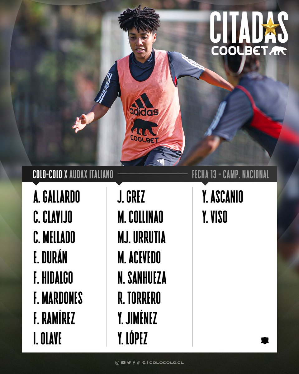 𝐂𝐈𝐓𝐀𝐂𝐈𝐎́𝐍 | Junto a @CoolbetChile te dejamos la convocatoria para enfrentar a Audax Italiano. ¡Vamos de preliminar en la Ruca! 🔥

📆 Domingo 18 junio
⏰ 13:15hrs
🏟 Monumental
📺 YouTube Colo-Colo 
🎫 puntoticket.com/evento/colo-co… 

#VamosLasAlbas | #VamosPorTodo