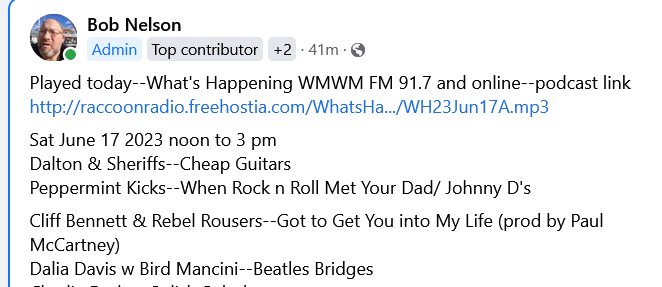 Played today--What's Happening WMWM FM 91.7 and online--podcast link @DaliaDavisMusic @BirdMancini  Saturday #June17 2023 #joeviglionemedia #Beatles @SirPaulMcCartny @ringostarrmusic 
raccoonradio.freehostia.com/WhatsHa.../WH2…