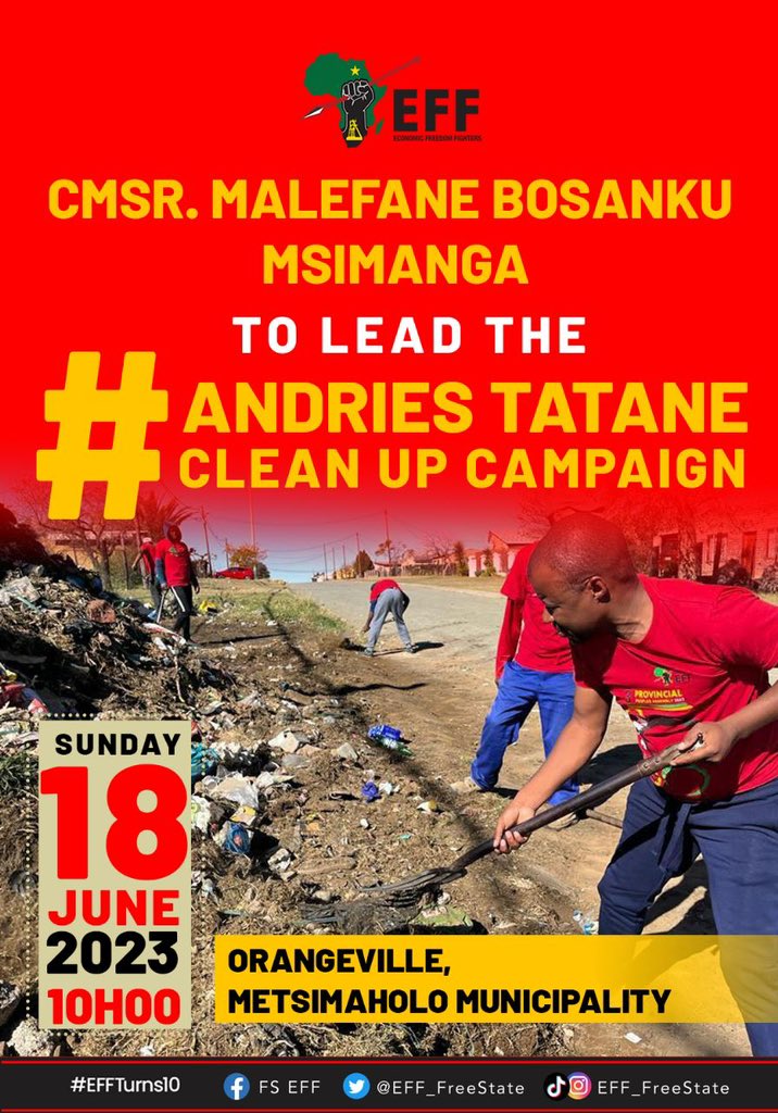 ♦️Happening Tomorrow♦️

The Provincial Secretary, Commissar @MMsimanga_B will lead the #AndriesTataneCleanUpCampaign and Massive Voter Registration Campaign at Orangeville in Metsimaholo.

Weekends are strictly reserved for engagement with community members.