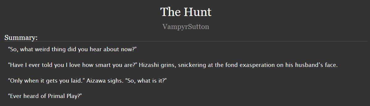 The Hunt is on for my piece for the <a href="/PrimalPlayBang/">Eyes in the Night: a Primal Play Bang</a> with art from @PeanutBlu RTed below and Beta'd by <a href="/icythotenby/">Silco’s Tiny Waist🙂‍↕️🫡</a>! Had a wonderful time working with both and can't wait for you to see what we've done! #EyesInTheNightBang 

Ao3 Link: archiveofourown.org/works/47593687