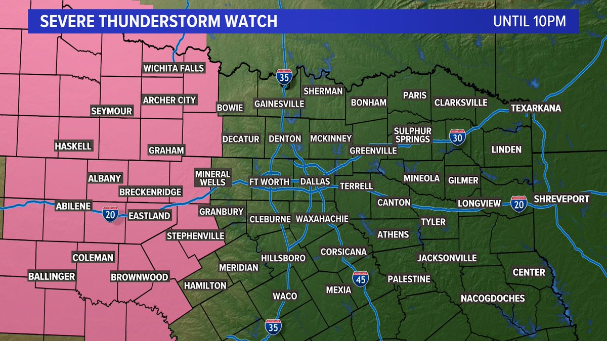 wfaaweather's tweet photo. UPDATE: Latest severe weather outlook has a level 3/enhanced risk for all of NTX. A severe thunderstorm watch has been issued for western portions of the area, and we expect it to expand east, eventually. Very large hail &amp; damaging winds still the main concerns this evening. https://t.co/MZ1YYmxpn5