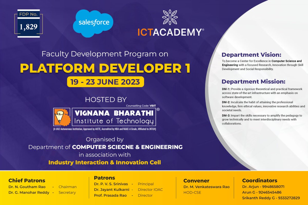 VBITHYD's tweet photo. Join our Faculty Development Program on Platform Developer 1, organized by the Department of CSE in association with the Industry Interaction and Innovation Cell
#VBIT #CSE #FacultyDevelopmentProgram #PlatformDeveloper1 #ICTAcademy #Salesforce #IndustryInteraction #InnovationCell https://t.co/JFgP3xXVbH