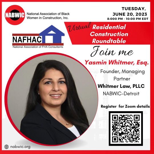Register now to secure your spot at the NABWIC and NAFHAC Virtual Construction Roundtable Meeting on June 20, 2023 at 8:00 PM EDT. Click the link to register: eventbrite.com/e/nabwicnafhac… aff=oddtatcreator We can't wait to see you there! #nabwic #blackwomeninconstruction #empower