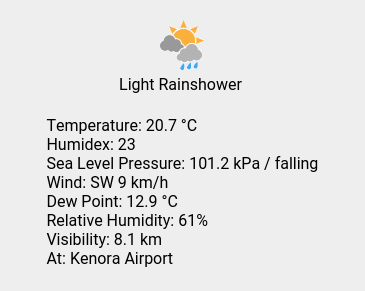 wc_kenora's tweet photo. Sat 15:12: Light Rainshower; Temp 20.7 C; Humidex 23; Humidity 61%; Press 101.2 kPa / falling. https://t.co/PEOSK9kkQF