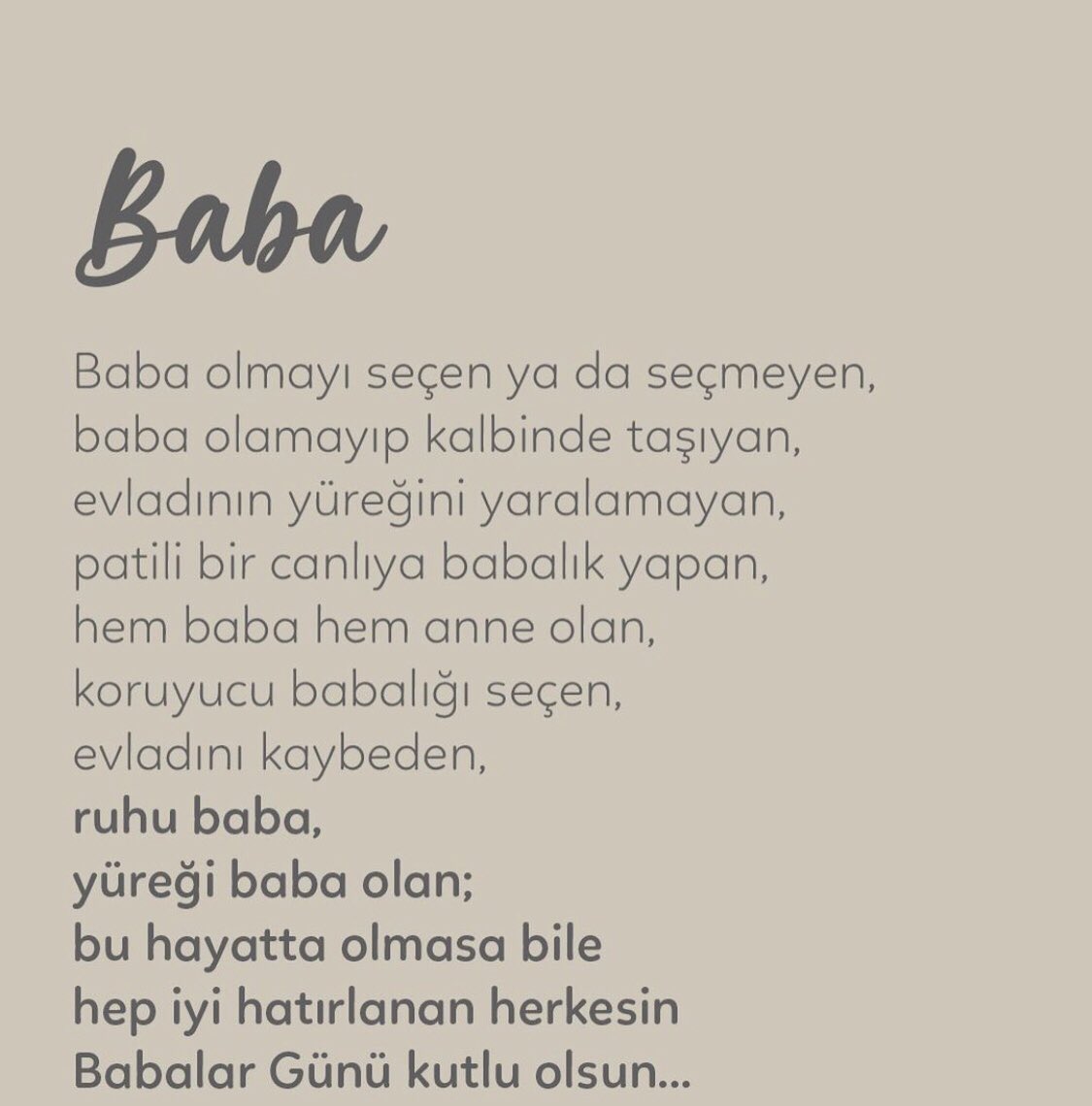 Ruhu baba, yüreği baba olan; bu hayatta olmasa bile hep iyi hatırlanan herkesin  
 #babalargünükutluolsun