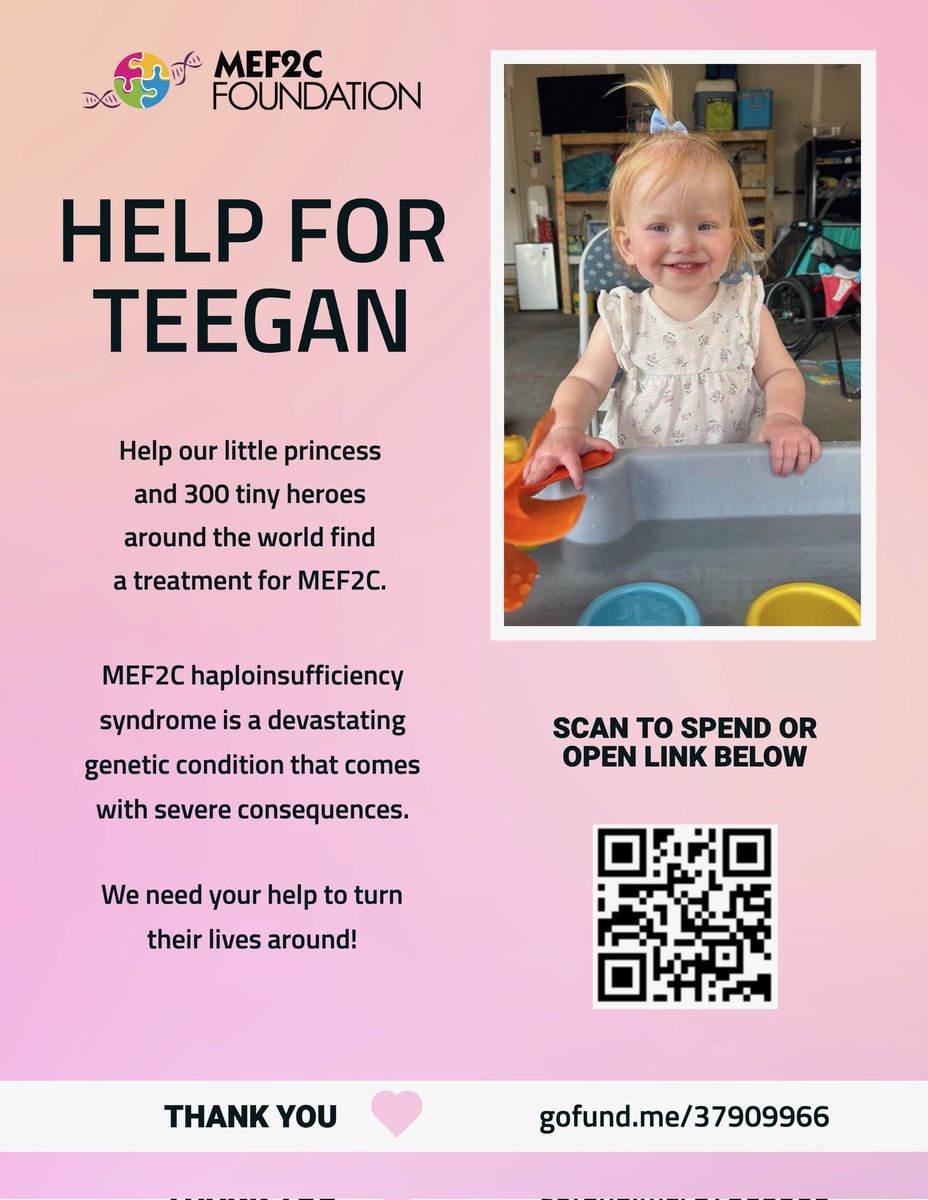 Mols10's tweet photo. Our daughter was recently diagnosed with a rare genetic condition MEF2C. We are asking for support! Please share, donate (QR code in picture) or buy a shirt- link below! Continue the promising research @MedUnivSC #MEF2C #hope
Merch to support: https://t.co/8wpRNV79Ep https://t.co/ndRBXbVWb1