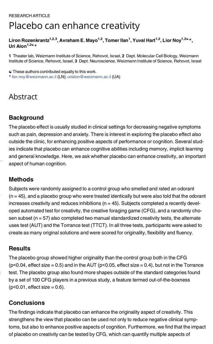 The key to creativity is the smell of cinnamon*

*Not really, the real finding is cooler: Folks were told to smell a vial of cinnamon &amp; 50% were told it was a creativity drug. The placebo boosted creativity! Why? People needed permission to be creative &amp; reasons to feel competent
