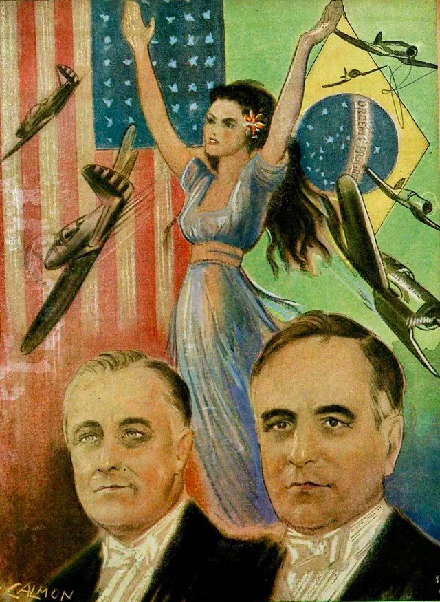 propagandopolis's tweet photo. Brazilian painting from the Second World War (1943) showing President Getúlio Vargas with President Roosevelt. Artist: Calmon Barreto. https://t.co/yycoaEU7Tu