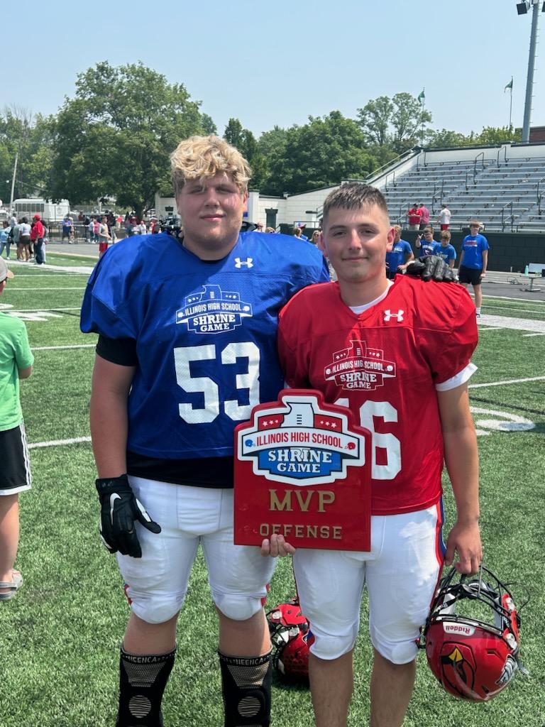 A great showing by the NUIC at the Shriners Game today.

AJ Mulcahy - Du-Pec 
Johnny Kobler - Forreston 
Endi Qunaj - Fulton 
Braiden Damhoff - Fulton 
Tyler Hoffman - Coach Du-Pec 

The Blue Team won 20-3. Endi Qunaj was named Red Team Offensive MVP drilling a 37 yard FG.